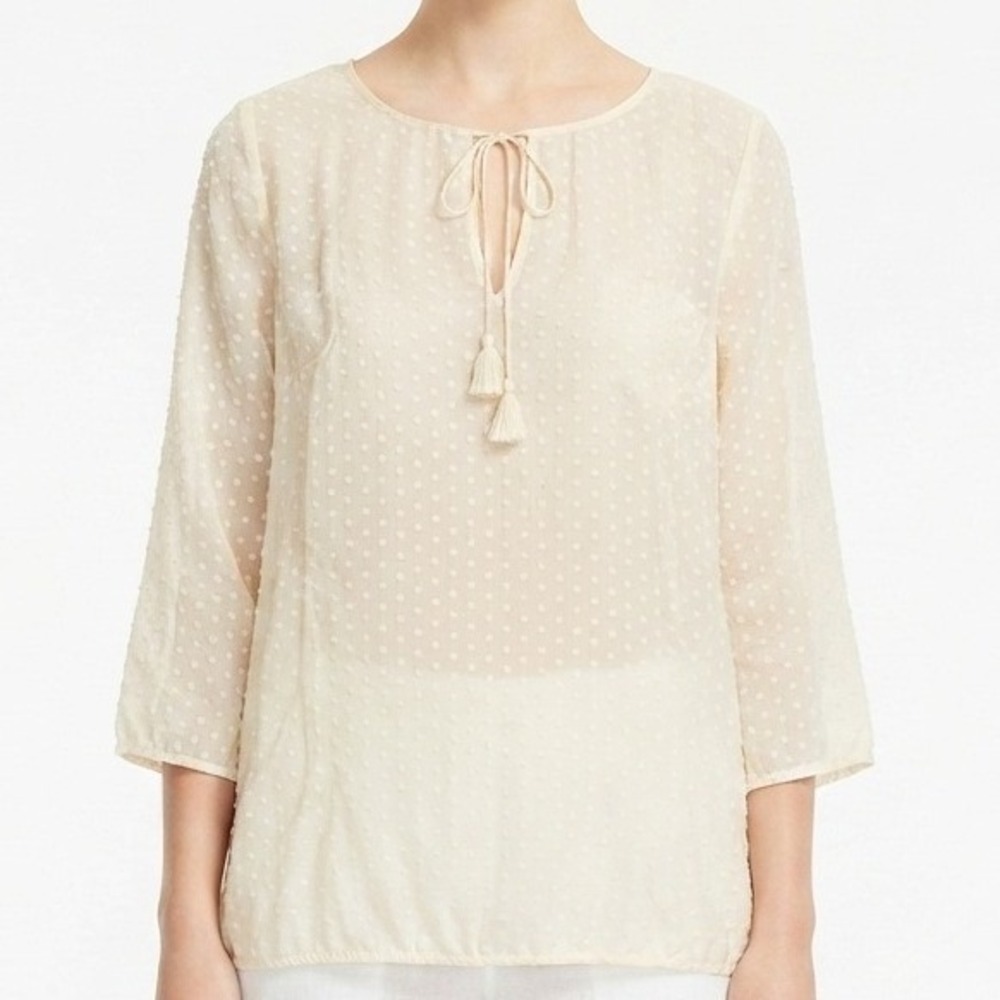 Tommy Bahama Silk Blend Blouse Womens XL Cream Clip Dot Tassel Tie Top